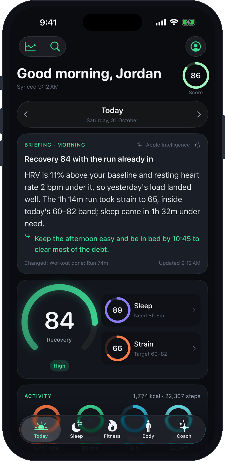 Meridian's Today screen: the morning briefing, Recovery 84, Sleep 89 and Strain 65